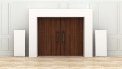 3D rendering of Blank white box Entrance Arch with standee for Event or Exhibition stand gate Entrance Arch mockup in hotel floor or lobby, Mock-up of HD Entrance branding for door.