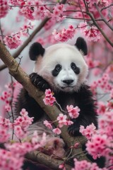 A panda bear sitting in a tree with pink flowers, suitable for nature and wildlife concepts