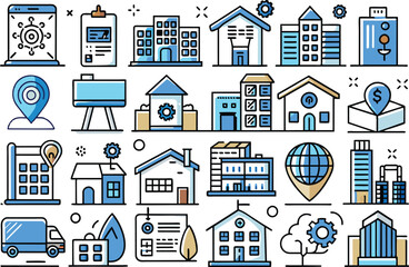 Real Estate icon set. Full Vector illustration Outline Style Icons.
