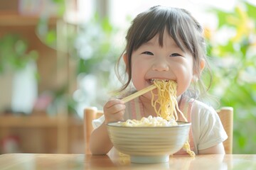 In a well-lit room, a cute Asian kid is eating noodles at a table, their face beaming with delight. The bright room adds a cheerful vibe to the scene, emphasizing the child's happiness. The bowl of