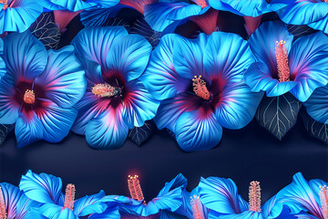 Obraz premium A blue flower with a pink center is shown in a row