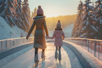 A woman and a child standing on a bridge in the snow. Perfect for winter-themed projects - Powered by Adobe