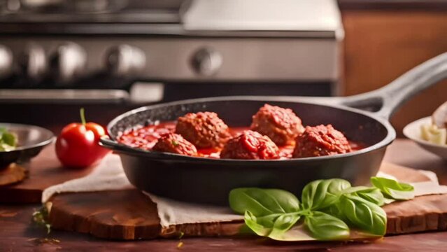 meatballs with tomato sauce in cast iron skillet