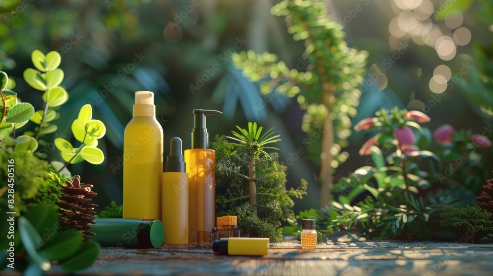 Poster a table with various bottles of lotion next to green plants. suitable for beauty and skincare concep