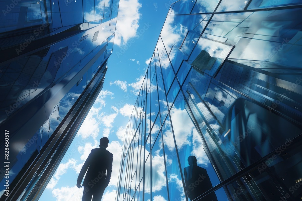 Poster a man standing in front of a modern skyscraper, suitable for business concepts
