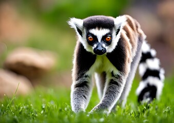 Obraz premium A playful Lemur catta strides confidently across a vibrant green lawn, its striking striped tail held high against a softly focused background of earthy rocks.