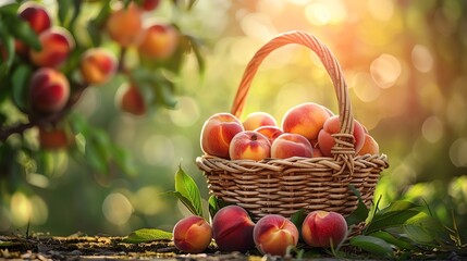 A basket full of ripe peaches with a peach orchard in the background.