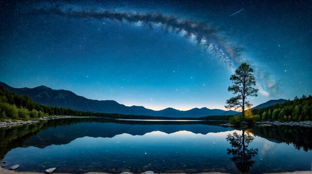 A lake at night.  Tree on the left side of the lake and mountains in the background. The sky is full of stars and the water is reflecting the sky. Milki Way. Landscape. Nature. 