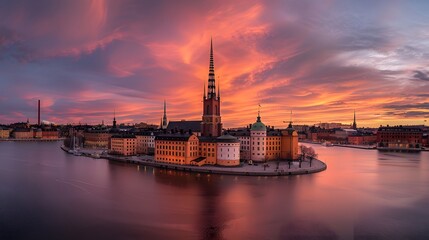 Sunset over Riddarholmen church in old town Stockholm city, Swed
