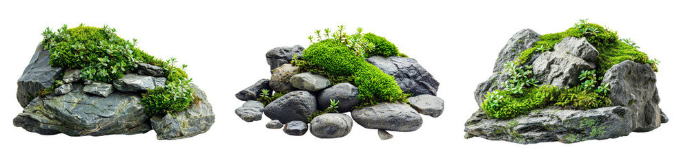 Three different types of rocks with green moss growing on them on a transparent background.