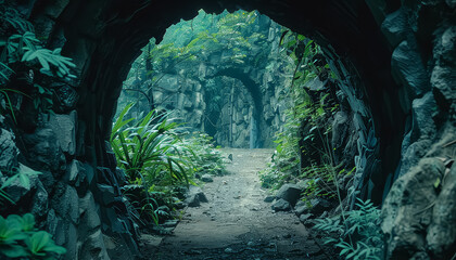 A tunnel in a jungle with plants and trees