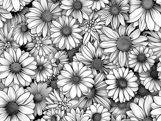 A black and white drawing of a field of flowers