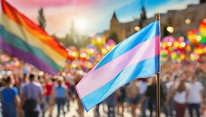 transgender flag on the background of the pride parade, lgbt pride month, fight against transphobia, tolerance