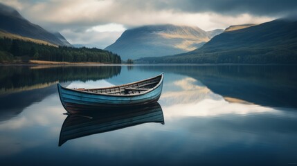 Obraz premium Solitary Wooden Boat Floating On A Calm Lake With Reflective Mountain Scenery. Generative AI
