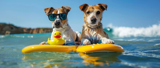 Sunny Day Surfing Fun with Dogs: Canine Duo Riding a Surfboard in Ocean Waves with Sunglasses and Rubber Duck Toy