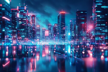 Obraz premium Panoramic urban architecture cityscape with space and neon light effects. Modern hi-tech science futuristic technology concept. Abstract digital high-tech city design for banner background 