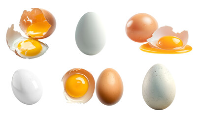 Set of chicken eggs and broken or cracker egg shell transparent background, png file, clipping path