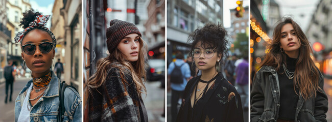 Fototapeta premium Set of female fashion street portraits. Fashionable young woman posing in a street
