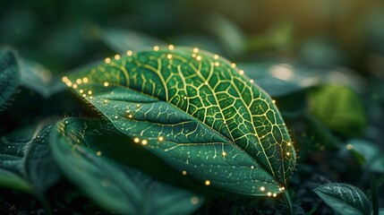 Innovative green energy: a green leaf featuring a 3D glowing tech mesh, emphasizing sustainability and pollution care