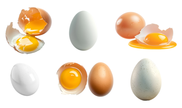 Set of chicken eggs and broken or cracker egg shell transparent background, png file, clipping path