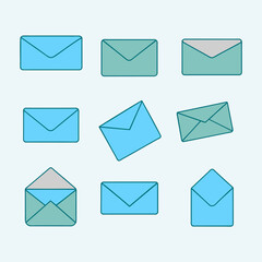 Blue envelopes in various positions on white background