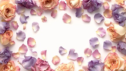 Pink, purple, and gold roses on white, petals arranged around the edges, creating text copy space in the center.