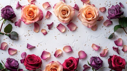 Pink, purple, and gold roses with scattered petals on a white background, ample space for text in the center