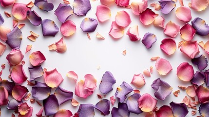 Scattered pink, purple, and gold rose petals on a white background, with a central area reserved for text