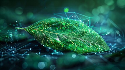 Sustainability concept: a green leaf with a 3D effect of a glowing tech mesh, representing innovation in alternative energy.