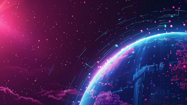 a huge password screen on globe world, cyber space, passwords wandering around the globe, 2D illustration style with colors fushia and Prussian blue 