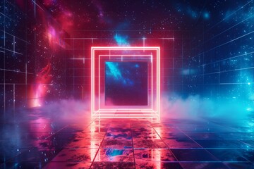 3d render abstract red blue neon background. Glowing linear volumetric cube in the middle of the city street under the starry night sky. Digital futuristic wallpaper 