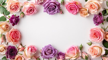 White background with pink, purple, and gold roses forming a border, leaving the middle free for text
