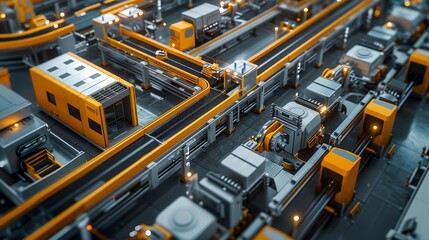 A bird's-eye view of a fully automated assembly line, showcasing the efficiency and organization of modern manufacturing technology.