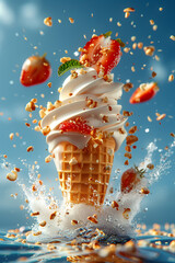 A white ice cream cone with strawberries and nuts on top