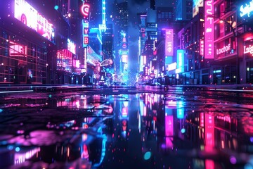 Fototapeta premium 3D Rendering of neon mega city with light reflection from puddles on street heading toward buildings. Concept for night life business district center (CBD)Cyber punk theme tech background 