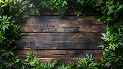 bird's eye view of a wooden floor with cannabis as the surrounding composition. Ai Generated
