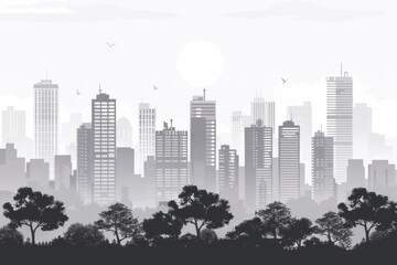 Fototapeta premium Light gray cityscape background. City buildings with trees at park view. Monochrome urban landscape with street. Modern architectural panorama in flat style. Vector illustration horizontal wallpaper 