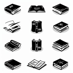 Book icons, black and white textbook symbol, education pictogram, minimal bookstore logo