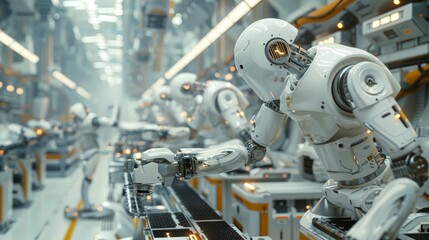 Fototapeta premium A futuristic factory with automated robots and advanced machinery, showcasing the integration of technology in modern manufacturing and industrial engineering.