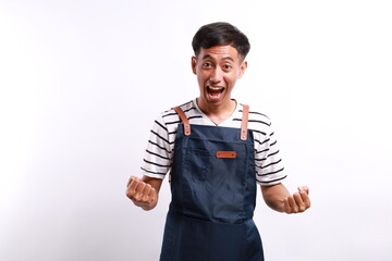 Excited asian coffee shop owner in blue apron celebrating, making fist pump and shouting for joy,...