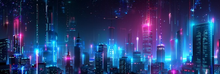 Obraz premium Vector illustration urban architecture, cityscape with space and neon light effect. Modern hi-tech, science, futuristic technology concept. Abstract digital high tech city design for banner background