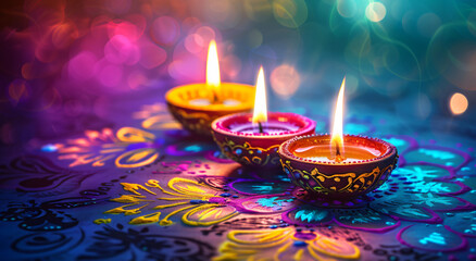 illustation of Diwali festival of lights tradition Diya oil lamps against dark background
A traditional Indian art of decorating the entrance to a house. Diwali festival holiday design. 
