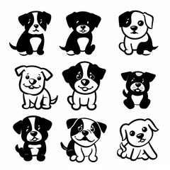 Obraz premium Cute dog icon set, pet animal flat silhouette, puppy icons, funny dog character pictogram, minimal woof sign