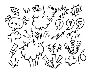 Fototapeta premium Comic book speech bubbles and sound effects doodle style. Hand drawn set of comic book style black elements, thought clouds, exclamations, accents for text, arrow on white background.