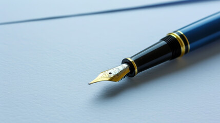A blue pen with a gold nib sits on a white surface