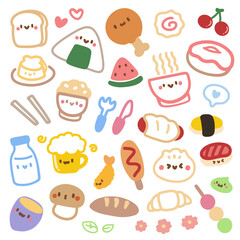 Kawaii Japanese Food Cartoon Illustration Set. Cute Hand Drawn Asian Food Characters Collection