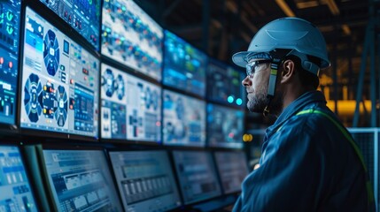 A technician monitoring a control panel with multiple screens displaying real-time data from automated machinery in a production facility.
