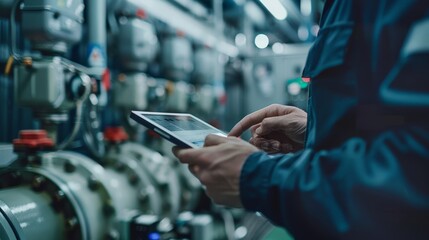 A technician using a tablet to access maintenance records and schedule repairs for industrial equipment, with a digital interface showing equipment status and maintenance history.