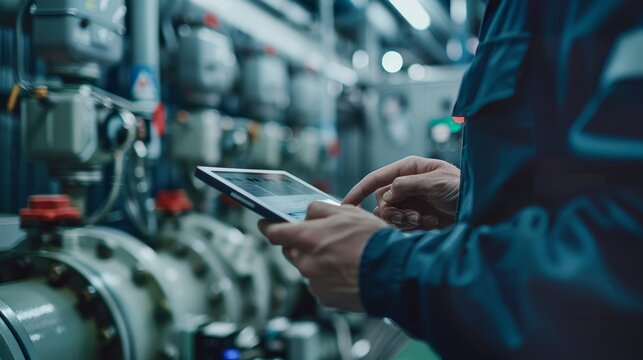 A technician using a tablet to access maintenance records and schedule repairs for industrial equipment, with a digital interface showing equipment status and maintenance history.