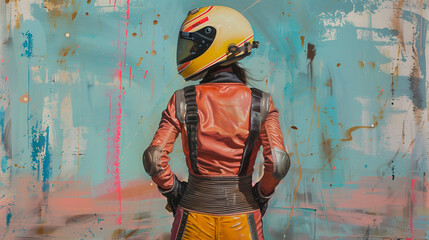 Obraz premium Person in racing gear against a graffiti wall.